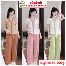 Đồ Bộ Bigsize Nữ Thun Gân Quần Ống Rộng Suông - Đồ Mặc Nhà Nữ Vải Đũi Xốp Thoáng Mát ESHOP DB368 1