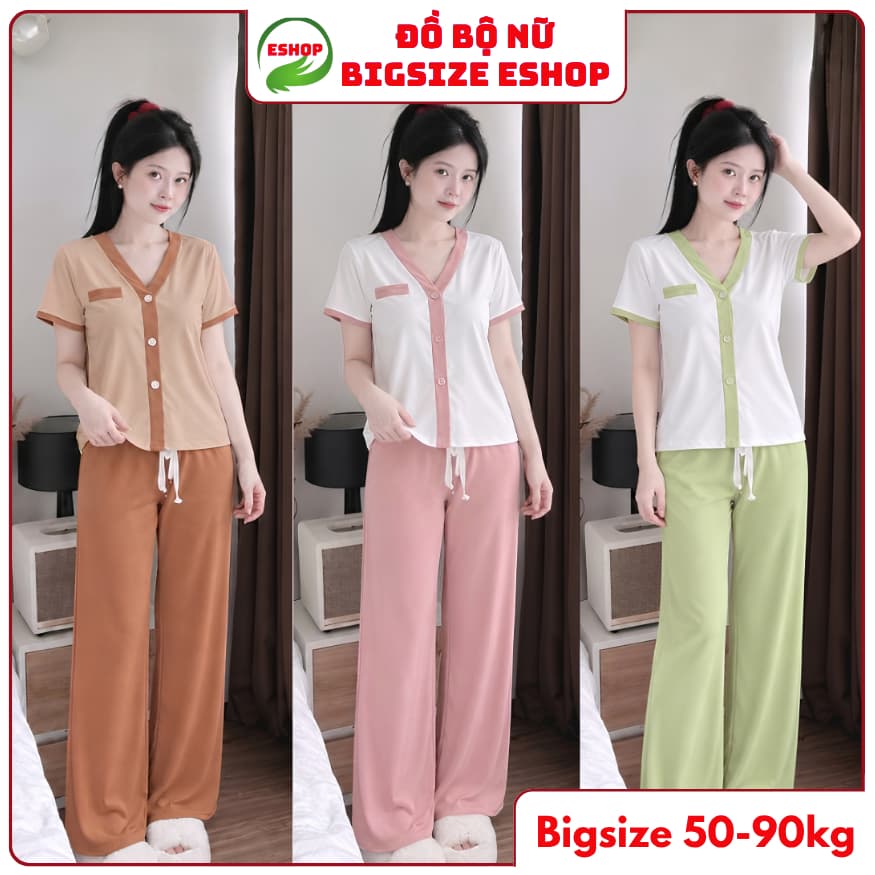 Đồ Bộ Bigsize Nữ Thun Gân Quần Ống Rộng Suông - Đồ Mặc Nhà Nữ Vải Đũi Xốp Thoáng Mát ESHOP DB368