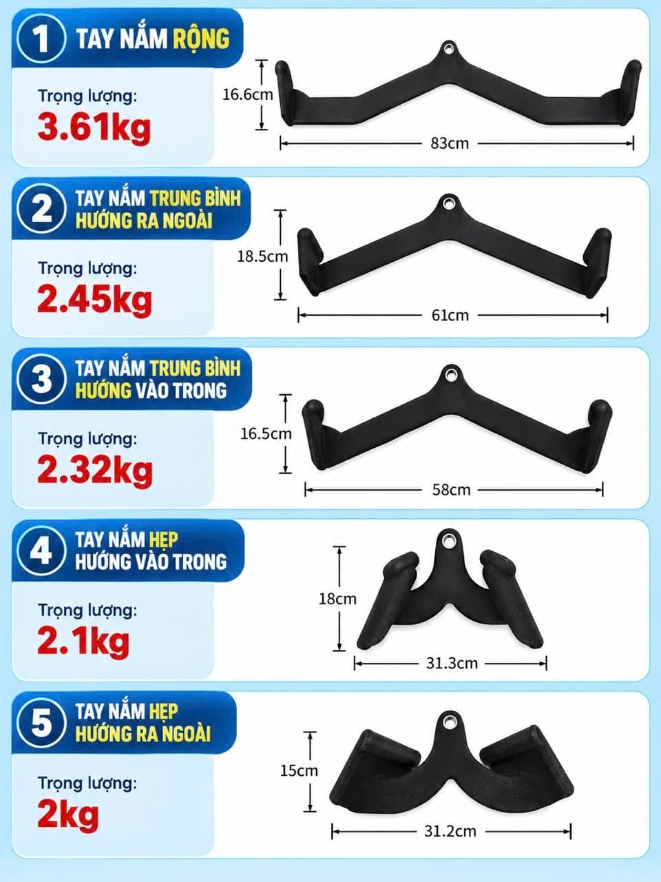 Thanh Power Grip 5 món kéo lưng xô kéo row, lat pull down nhập khẩu.
