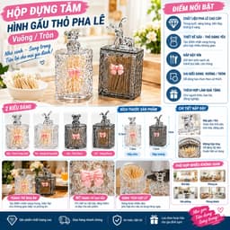 Hộp Đựng Tăm Hình Gấu Thỏ Pha Lê Vuông và Lúa Mạch WHEAT FIBER Có Nút Bấm. LMS 1