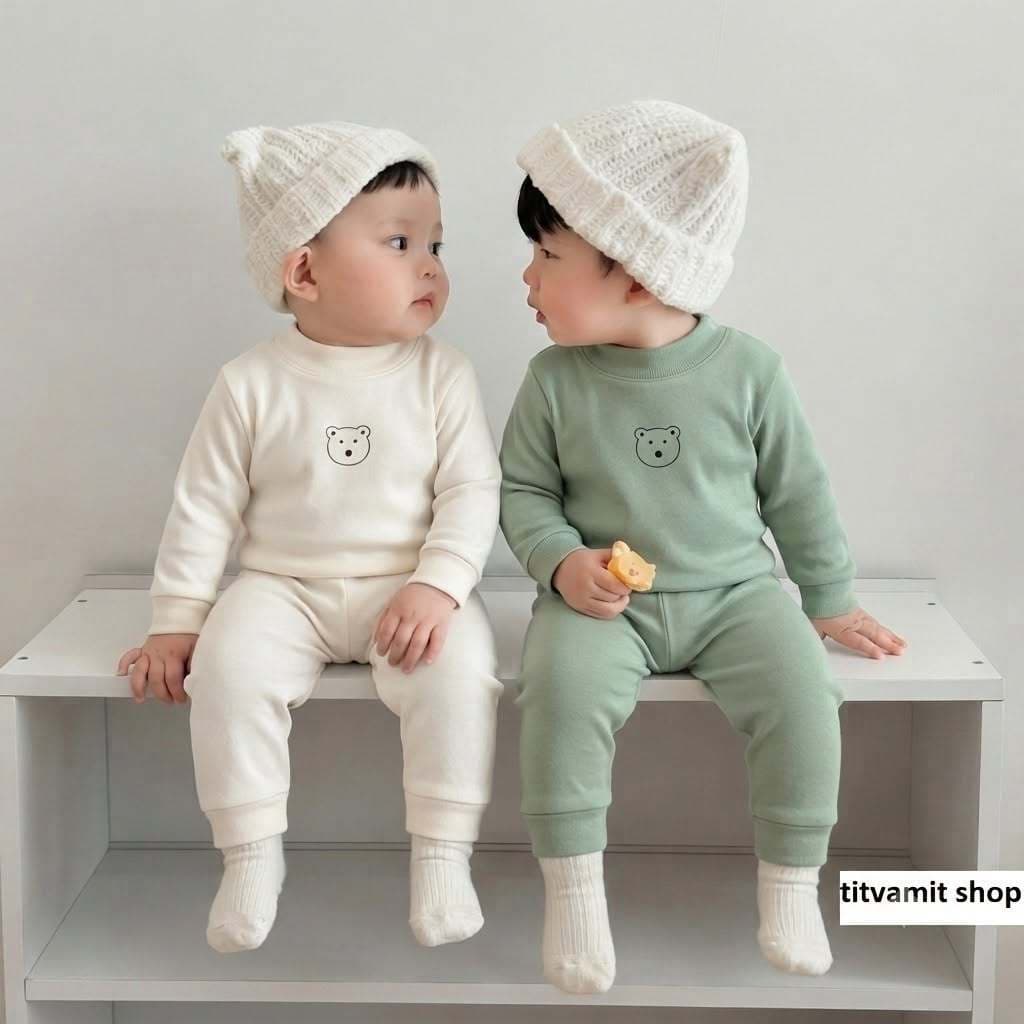 Bộ nỉ nhung cổ 3 phân in hình gấu mềm ấm cho bé mặc thu đông
