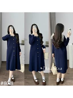 <Đầm bầu Quynhanhhouse> (QC) #8018 Váy thuỷ thủ khuy dọc Free sz đen/ghi/than Bầu bí bon chen 4