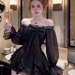 Set áo tơ trễ vai viền ren kết nơ và chân váy xếp tầng có lót 2