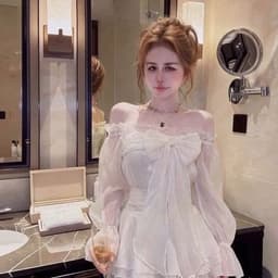 Set áo tơ trễ vai viền ren kết nơ và chân váy xếp tầng có lót 6