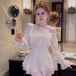 Set áo tơ trễ vai viền ren kết nơ và chân váy xếp tầng có lót 8