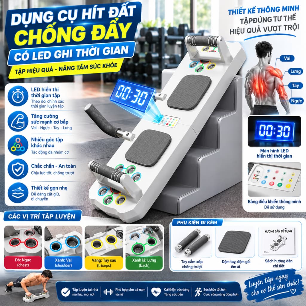 Dụng Cụ Hít Đất Chống Đẩy Có Led Ghi Thời Gian và PUSH UP BOARD Đa Năng 14in. LMS