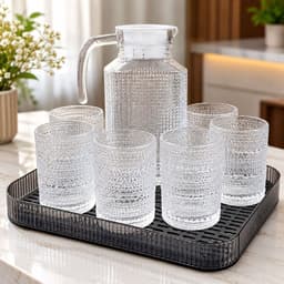 Bộ Bình + 6 Ly Thuỷ Tinh Có Quai Dáng Kim Màu Hổ Phách Có Tặng Kèm Khay - Bộ Bình Cốc Borosilicate Siêu Nhẹ Chịu Nhiệt 8