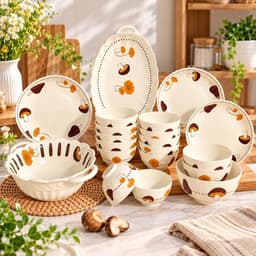 Bộ Bát Đĩa Sứ Tô Bát Ăn Cơm Họa Tiết Nấm Nâu, Set Bát Đĩa Bát Tràng Tráng Men Cao Cấp Tặng Kèm Muôi Và 5 Thìa 1