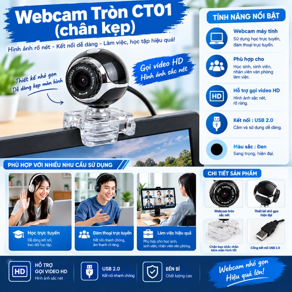 Webcam Tròn CT01 (chân kẹp)