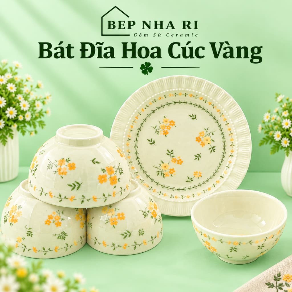 Bát Đĩa Gốm Sứ Hoa Cúc Vàng Cao - Bát Đĩa Ăn Cơm Gia Đình Sang Trọng Cao Cấp