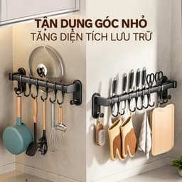 Thanh Treo Đồ Nhà Bếp 45cm 8 Móc - Kệ Dán Tường Có Móc Treo Dao, Kéo, Cài Nắp, Vung Không Cần Khoan 2