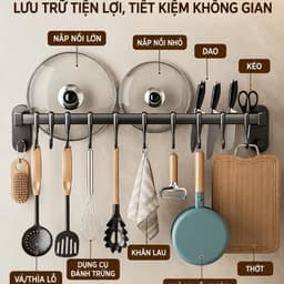 Thanh Kệ Sắt Dán Tường Treo Đồ Nhà Bếp NiLa 8 móc 45cm và Móc Áo Treo Nhà Vệ Sinh 6 Móc Inox Bắt Tường/ Rika 5 Móc. LMS 2