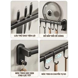 Thanh Treo Đồ Nhà Bếp 45cm 8 Móc - Kệ Dán Tường Có Móc Treo Dao, Kéo, Cài Nắp, Vung Không Cần Khoan 4