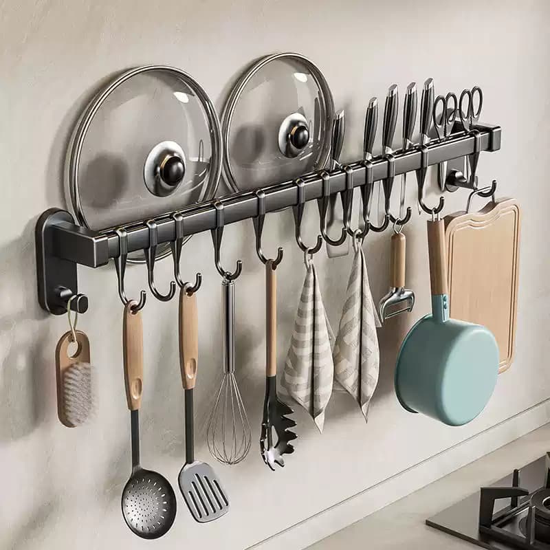 Thanh Treo Đồ Nhà Bếp 45cm 8 Móc - Kệ Dán Tường Có Móc Treo Dao, Kéo, Cài Nắp, Vung Không Cần Khoan