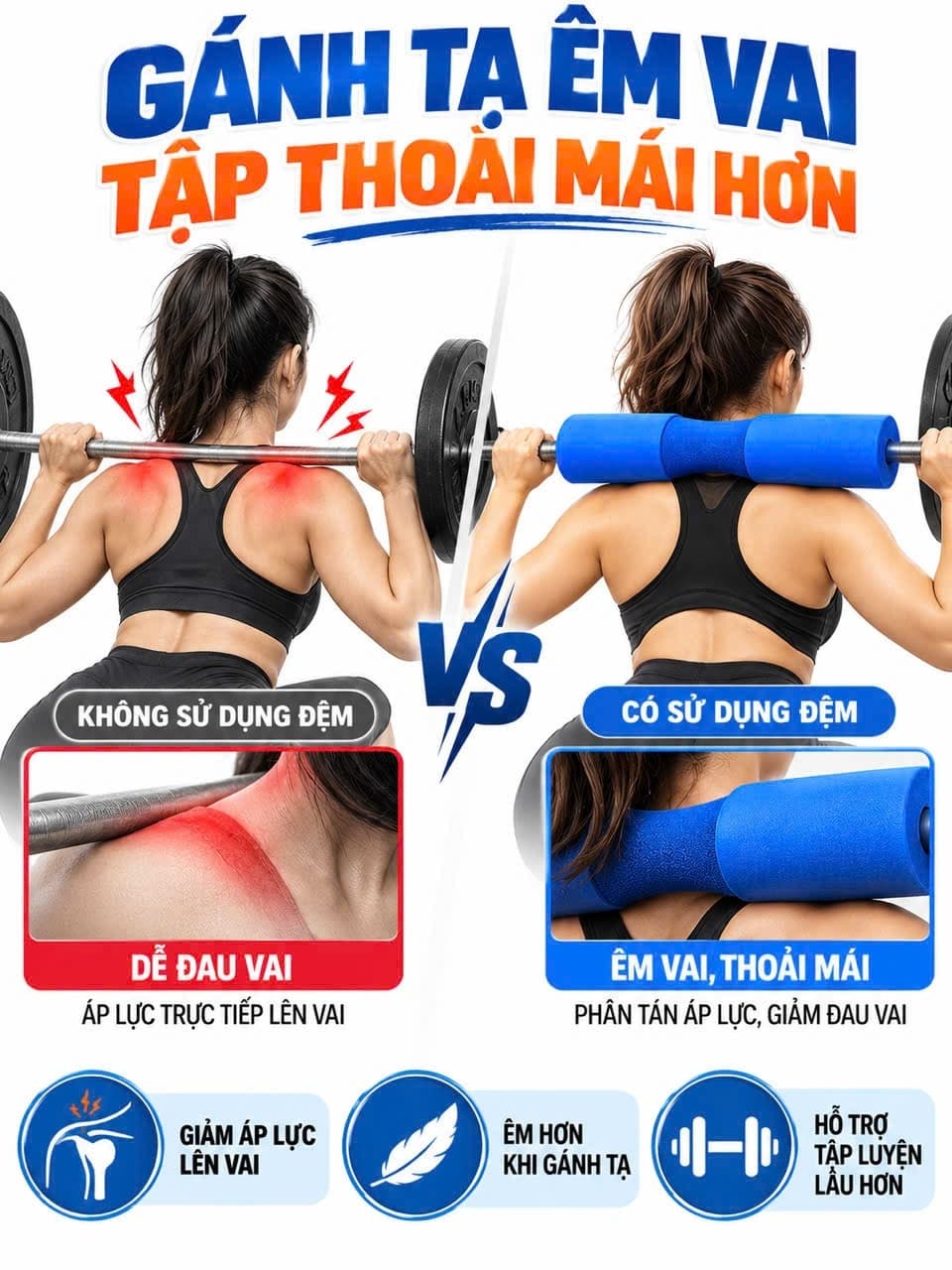 Đệm Mút Lót Bảo Vệ Cổ, Vai, Hỗ Trợ Gánh Tạ Squad Tập Gym