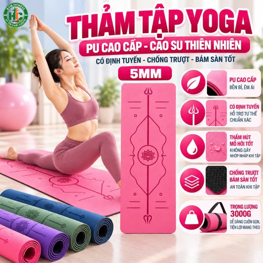 Thảm yoga cao su PU thiên nhiên, định tuyến 183x68cm 5mm có tại HC Sport