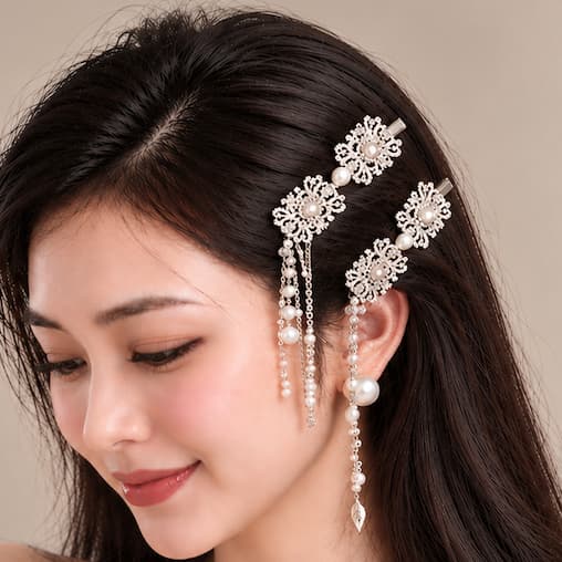 Kẹp Tóc Hoa Bạc Tua Rua Kiểu Dân Tộc - Kẹp Tóc Cổ Trang Sang Trọng Phối Hán Phục, Áo Dài
