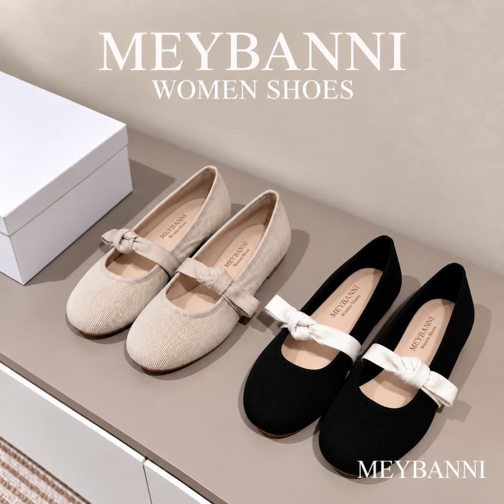 Giày Búp Bê MEYBANNI Mũi Tròn Vải Mềm Gắn Nơ Siêu Xinh - C445