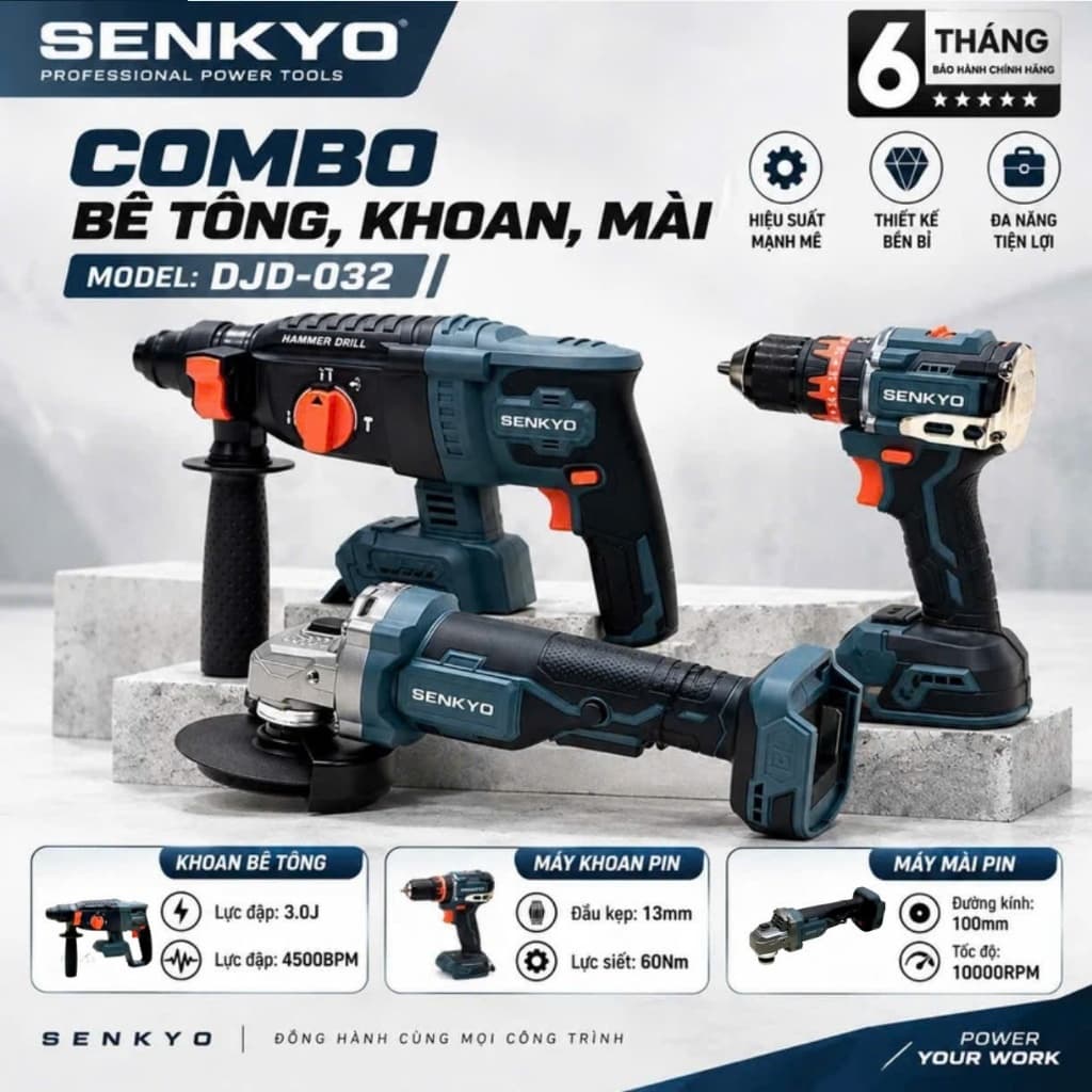 COMBO BÊ TÔNG – KHOAN – MÀI SENKYO DJD-032, ĐỘNG CƠ KHÔNG CHỔI THAN, ĐA NĂNG, CHÂN PIN PHỔ THÔNG M21
