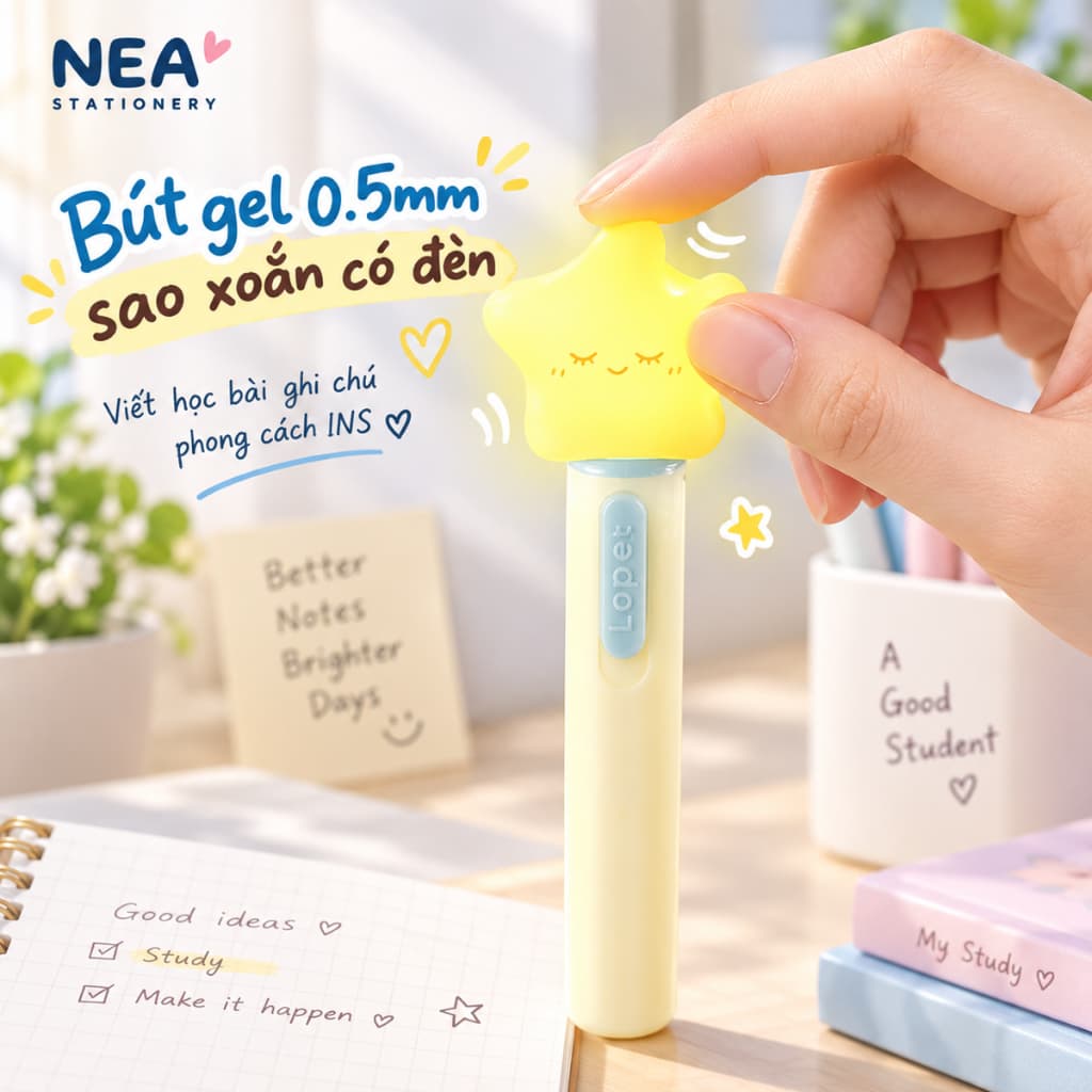 Bút gel 0.5mm sao xoắn có đèn — viết học bài ghi chú phong cách INS