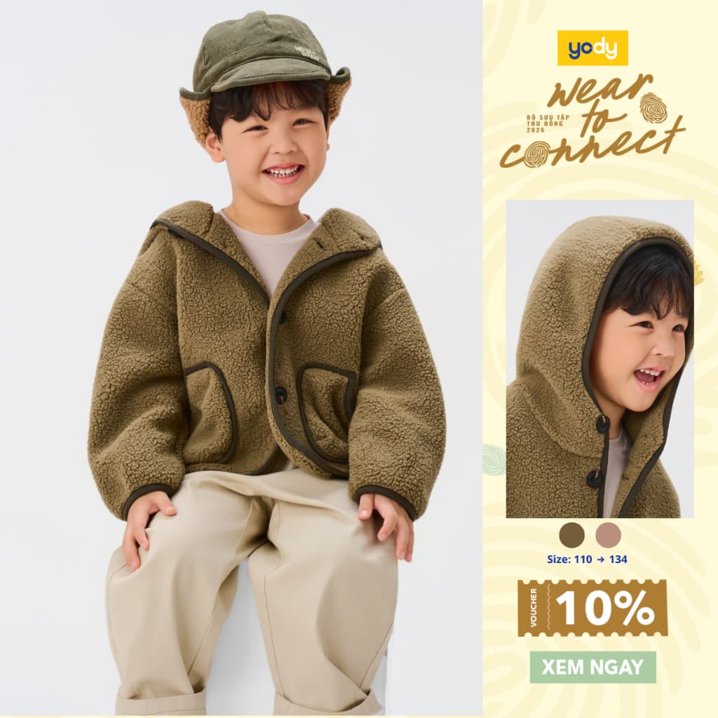 Áo khoác kid YODY áo ấm giả lông cừu có mũ ấm áp cho bé KCJA26F003