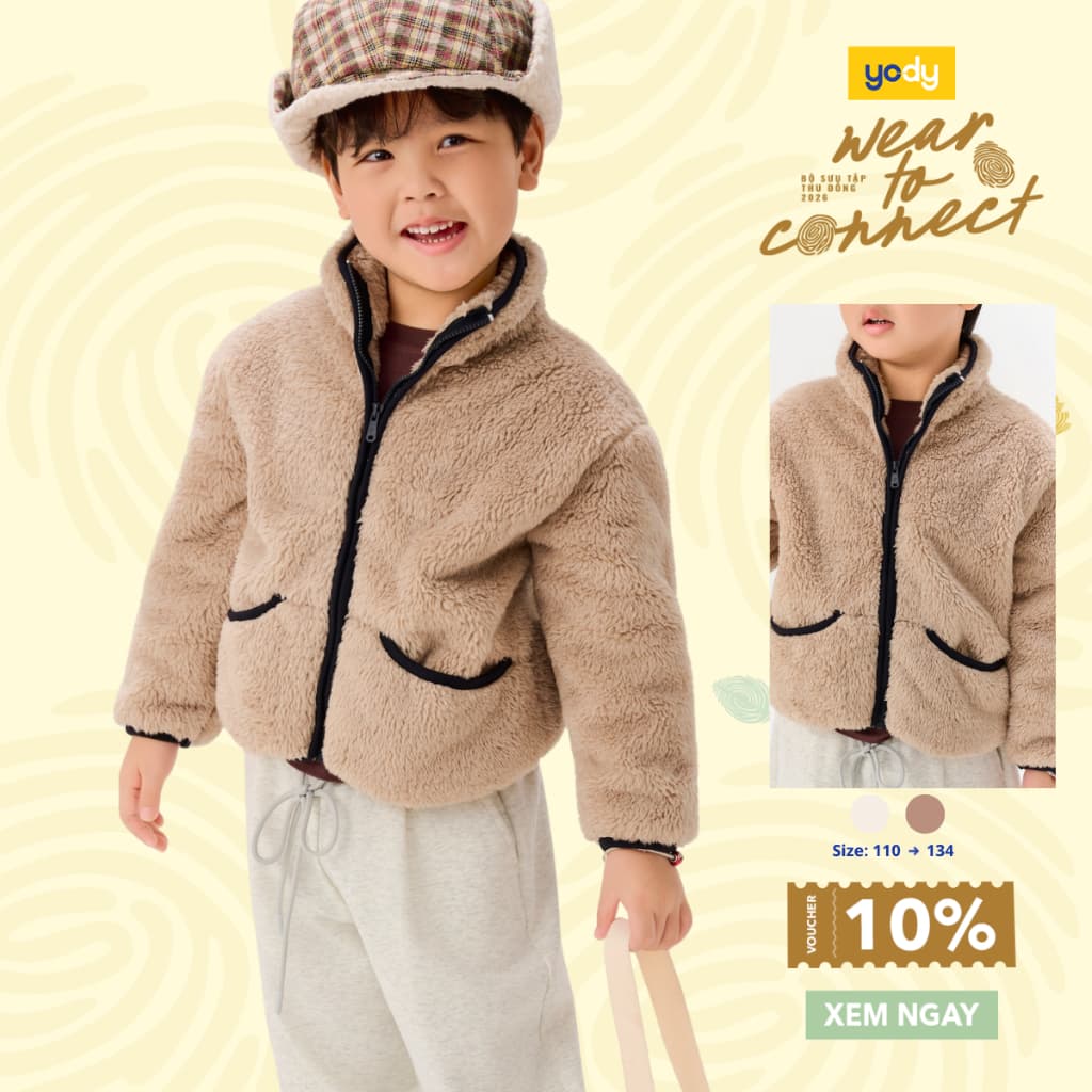 Áo Khoác Lông Kids Cổ Trụ YODY giả lông cừa mềm mịn, giữ ấm tốt KCJA26F004