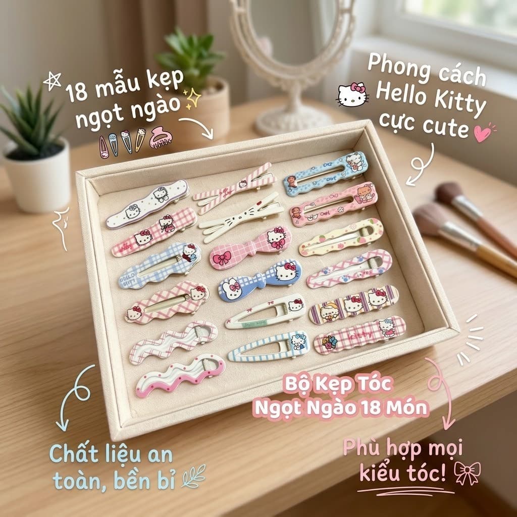 Set 18 Kẹp Tóc Tone Màu Pastel Họa Tiết Mèo Hoạt Hình Kẹo Ngọt Đáng Yêu T985