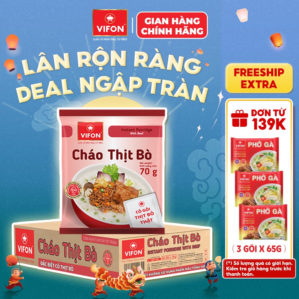 [VOUCHER HOT 10%] Thùng 50 gói Cháo Thịt Bò/ Thịt Bằm/ Sườn/ Trứng Muối/ Nấm Đông Cô VIFON có Gói Thịt Thật  70gr / Gói