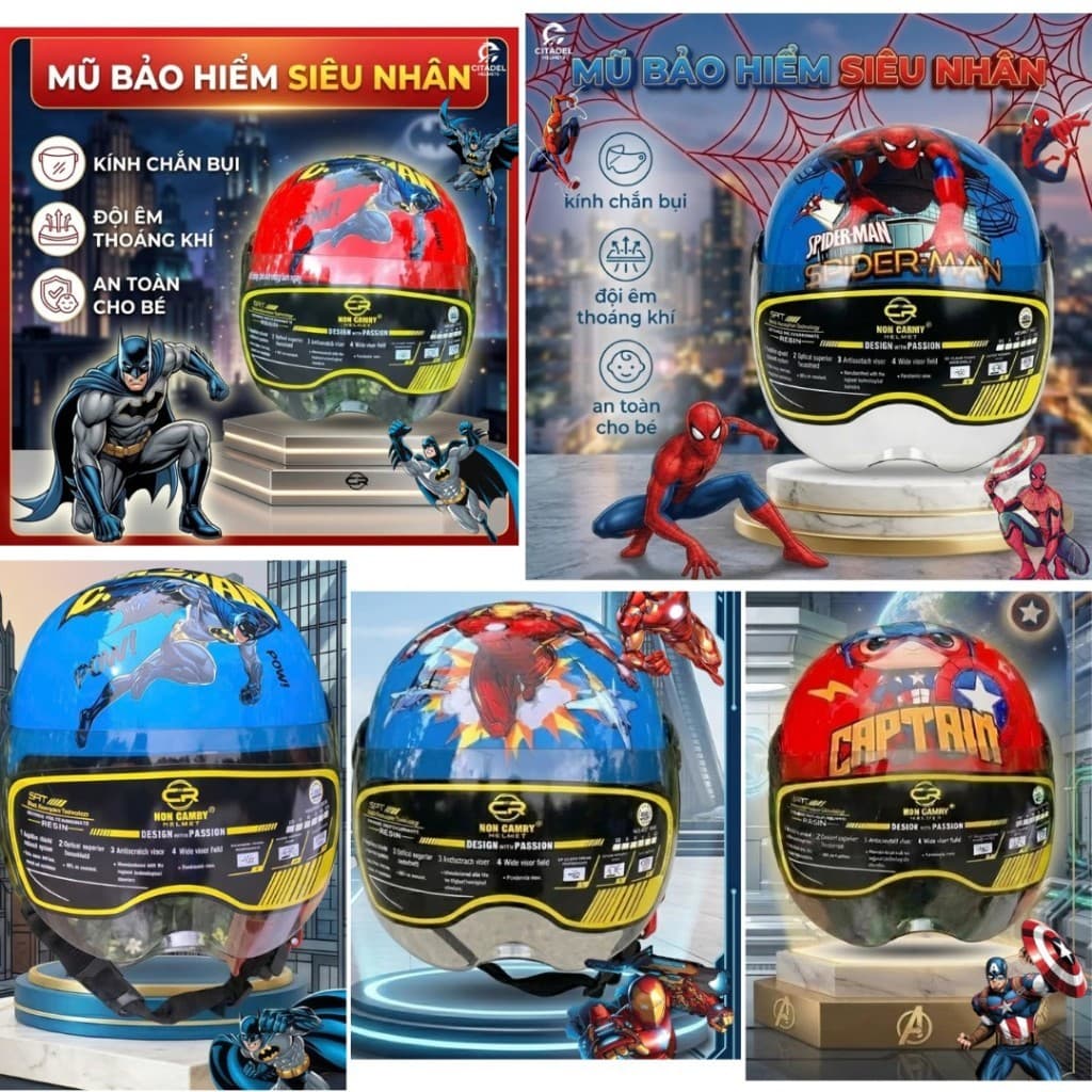 Mũ Bảo Hiểm Trẻ Em Chính Hãng - Kính Ngắn, Siêu Nhân, Doremon - An Toàn và Tiện lợi