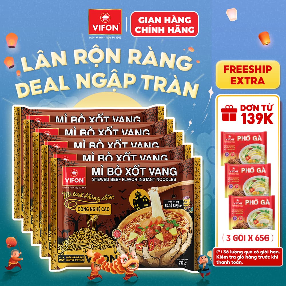 [Combo Halloween] Set 5 Gói Mì Tươi Bò Xốt Vang/Thịt Bằm/Tôm Chua Cay VIFON - Sợi Dai Ngon, 70g/Gói