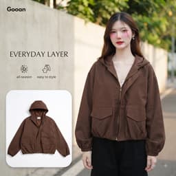 Áo Khoác Nữ Kaki 2 Lớp Có Mũ GOOAN MOSSY Lót Dù Form Rộng Dáng Lửng Bo Chun Mùa Thu Phong Cách Hàn Quốc Đi Học Đi Chơi 1
