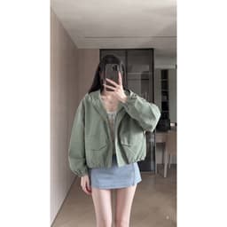 Áo Khoác Nữ Kaki 2 Lớp Có Mũ GOOAN MOSSY Lót Dù Form Rộng Dáng Lửng Bo Chun Mùa Thu Phong Cách Hàn Quốc Đi Học Đi Chơi 5