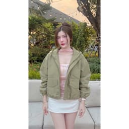 Áo Khoác Nữ Kaki 2 Lớp Có Mũ GOOAN MOSSY Lót Dù Form Rộng Dáng Lửng Bo Chun Mùa Thu Phong Cách Hàn Quốc Đi Học Đi Chơi 6