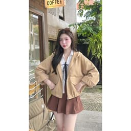 Áo Khoác Nữ Kaki 2 Lớp Có Mũ GOOAN MOSSY Lót Dù Form Rộng Dáng Lửng Bo Chun Mùa Thu Phong Cách Hàn Quốc Đi Học Đi Chơi 8