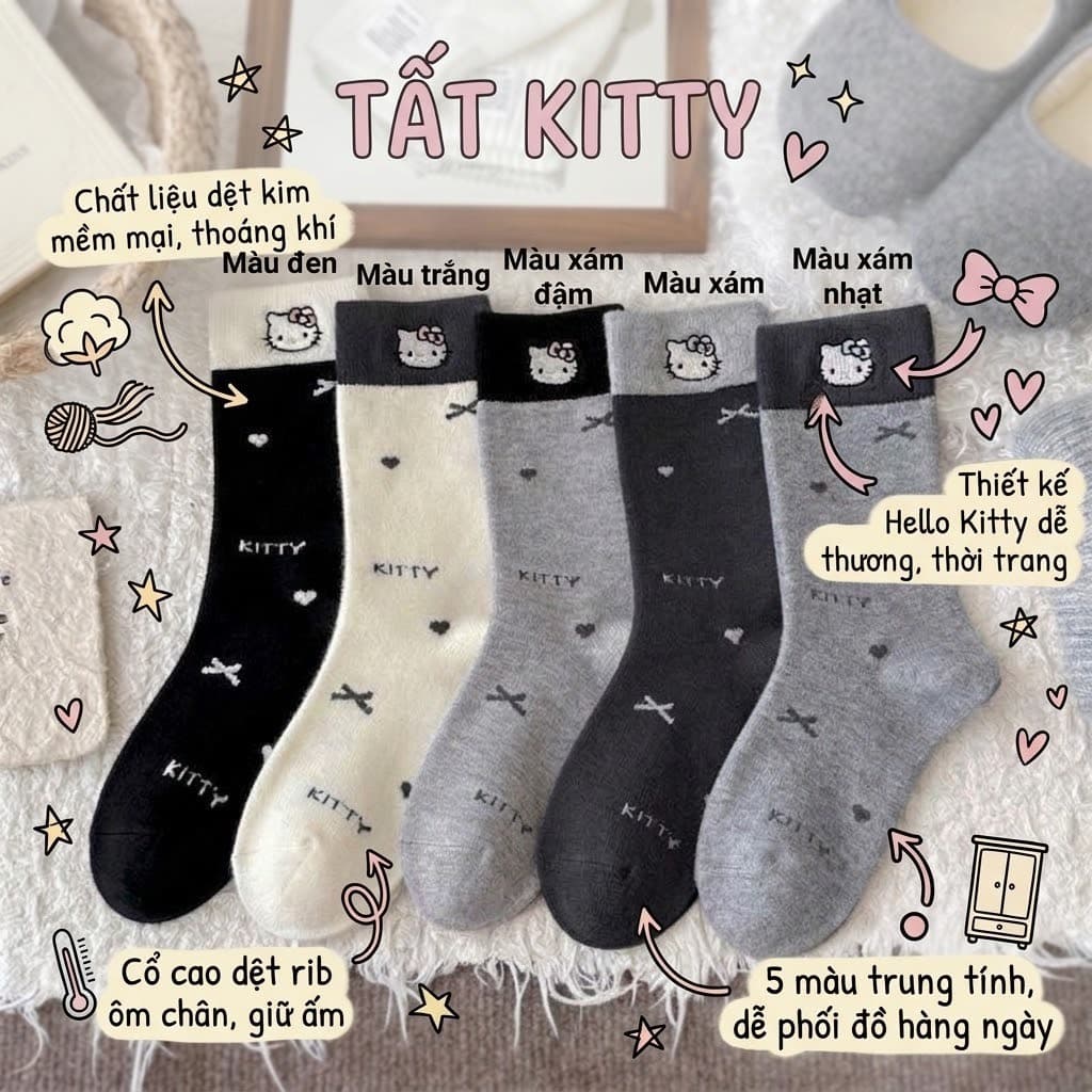 [Freesize] Tất Nữ Cổ Cao Họa Tiết Mèo Hoạt Hình Thắt Nơ Dễ Thương T988