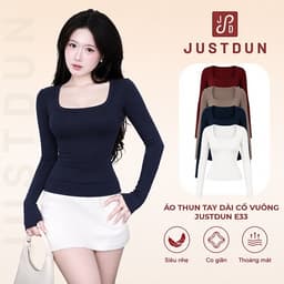 Áo Thun Nữ Cổ Vuông Dài Tay JUSTDUN E33 - Siêu Co Giãn, Cotton Mịn, Mềm Mại, Dày Dặn, Tôn Dáng 1