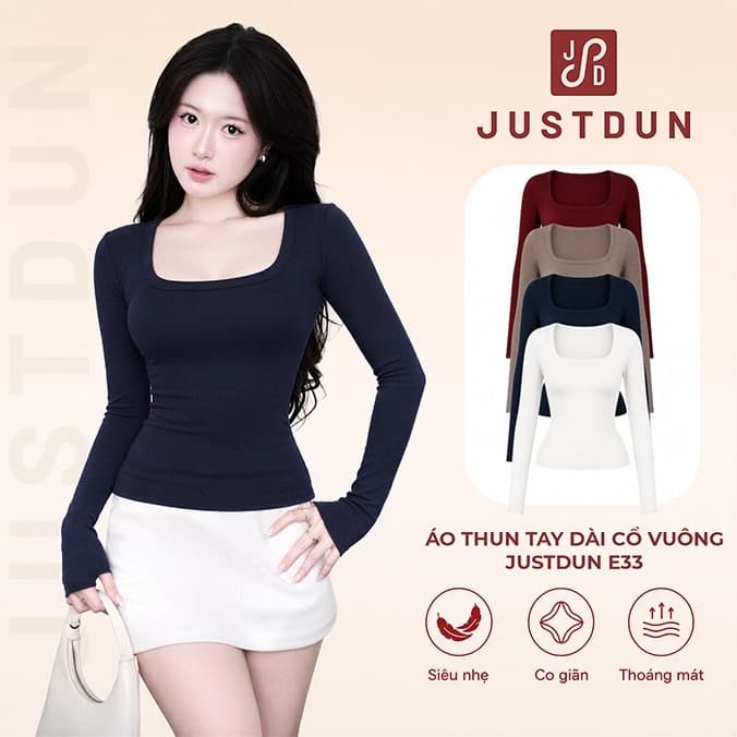 Áo Thun Nữ Cổ Vuông Dài Tay JUSTDUN E33 - Siêu Co Giãn, Cotton Mịn, Mềm Mại, Dày Dặn, Tôn Dáng