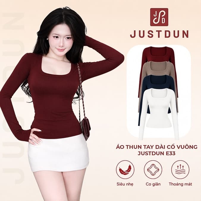 Áo Thun Tay Dài Cổ Vuông Cotton Mịn E33 JUSTDUN