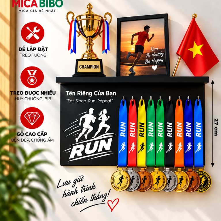 Kệ Treo Huy Chương & Cúp Thể Thao: Pickleball, Cầu Lông, Bóng Đá, Bơi - In Tên Cá Nhân Hóa 