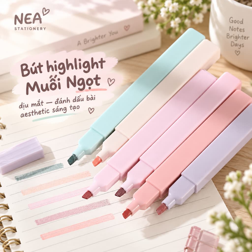 Bút highlight Muối Ngọt dịu mắt — đánh dấu bài aesthetic sáng tạo
