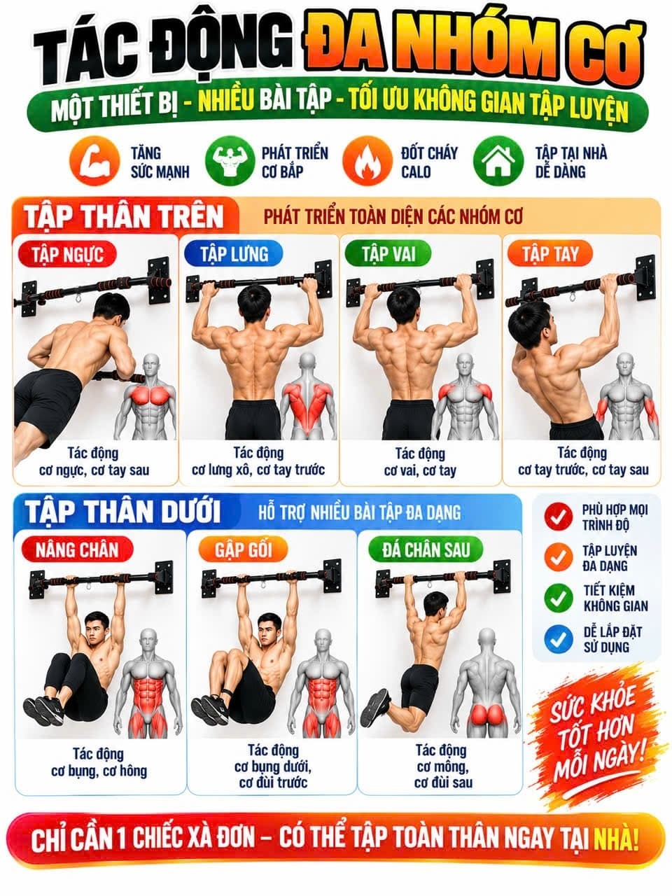 Xà  Gắn Tường Đa Năng P90X Kèm Ốc Vít Nở Có Móc Treo Ròng Rọc
