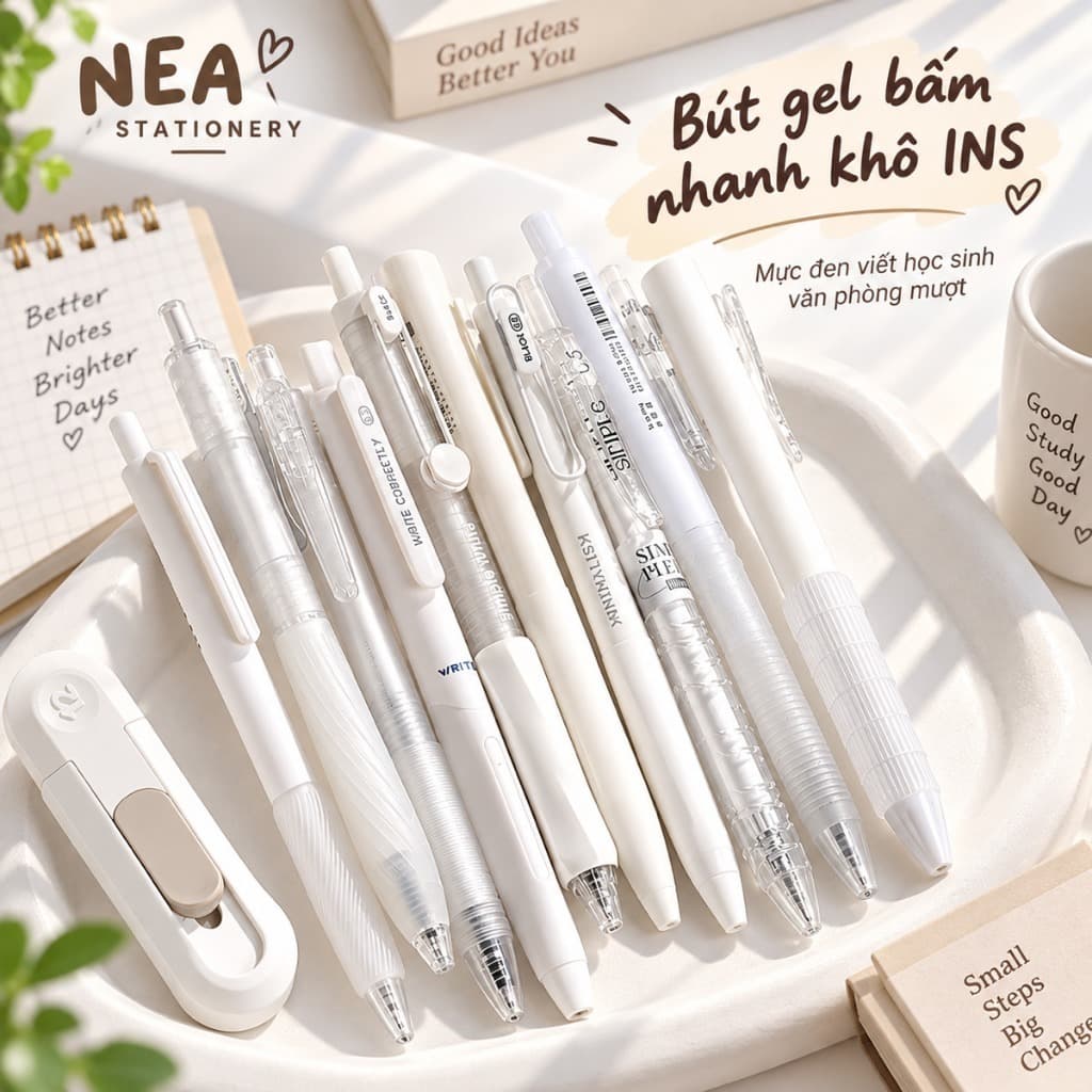 Bút gel bấm nhanh khô INS — mực đen viết học sinh văn phòng mượt