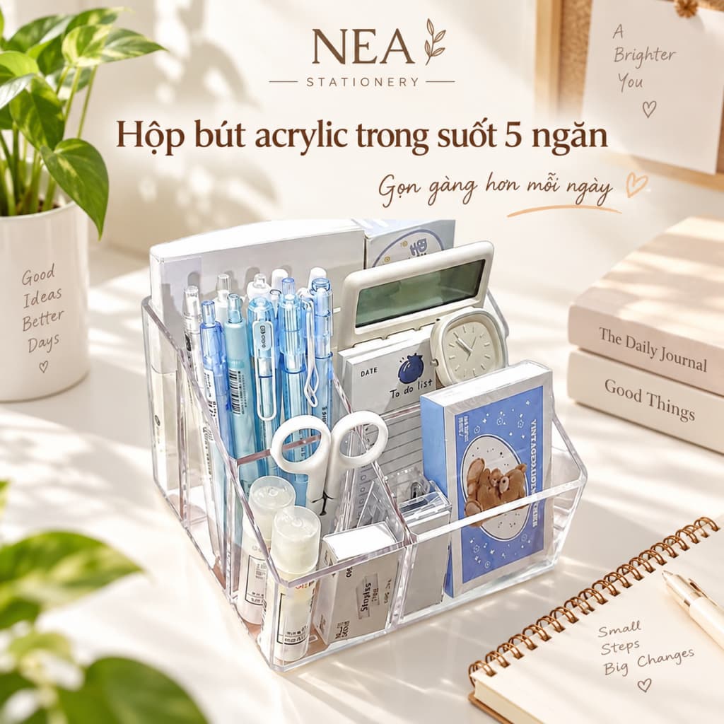 Hộp cắm bút acrylic trong suốt 5 ngăn – khay đựng bút để bàn