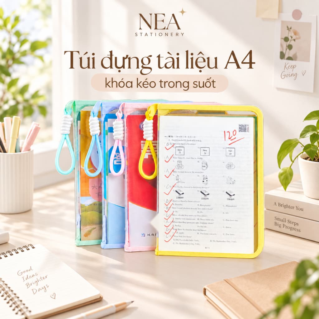 Túi tài liệu A4 trong suốt có khóa kéo và tay xách – kèm bảng kẹp
