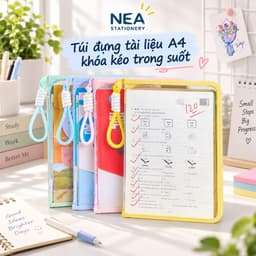 Túi tài liệu A4 trong suốt có khóa kéo và tay xách – kèm bảng kẹp 3
