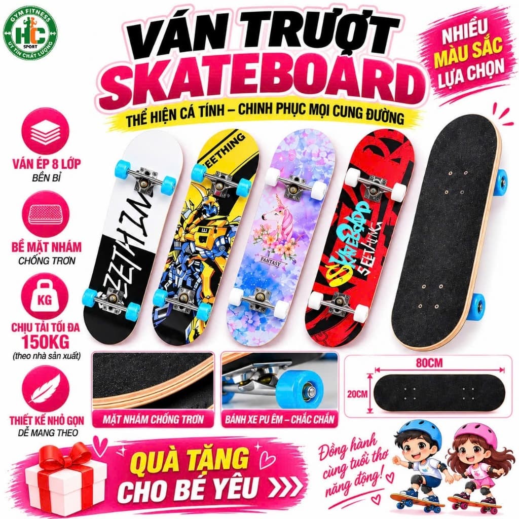Ván trượt Skateboard mặt nhám, trượt ván, ván trượt thể thao gỗ ép 8 lớp chắc chắn.