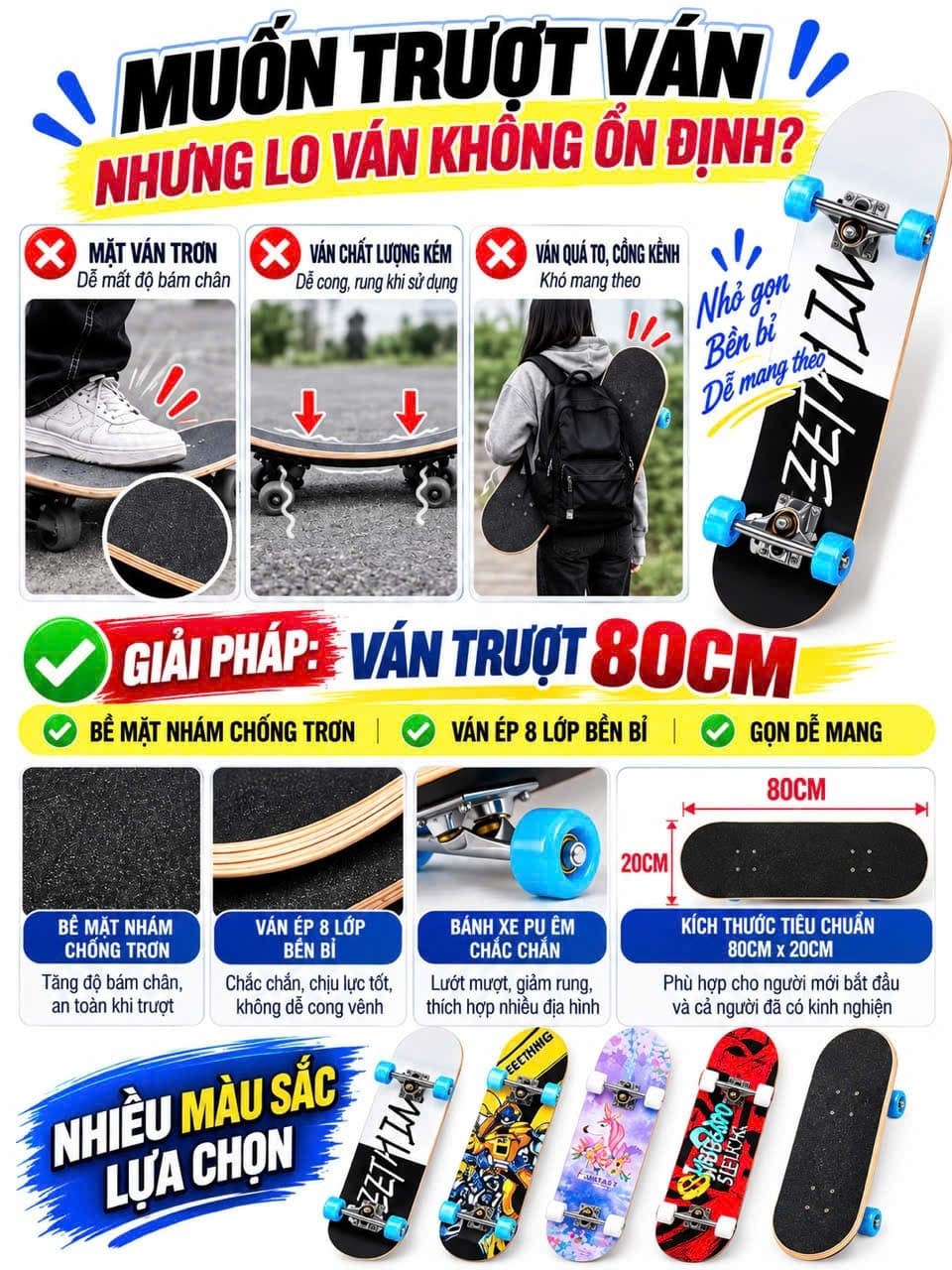 Ván trượt Skateboard mặt nhám, trượt ván, ván trượt thể thao gỗ ép 8 lớp chắc chắn.