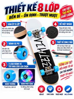 Ván trượt Skateboard mặt nhám, trượt ván, ván trượt thể thao gỗ ép 8 lớp chắc chắn. 3