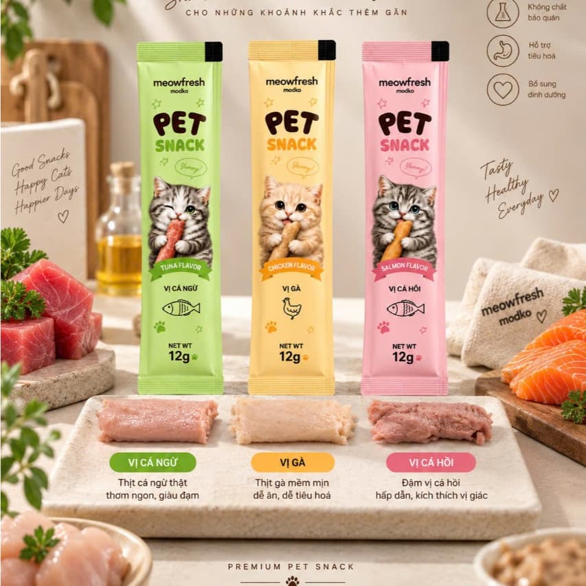 (Hỏa Tốc) Combo 50-100 thanh Súp Thưởng MeowFresh by Modko, Súp dinh dưỡng dạng thanh cho mèo Tomsmeca - MEOWCENTER39