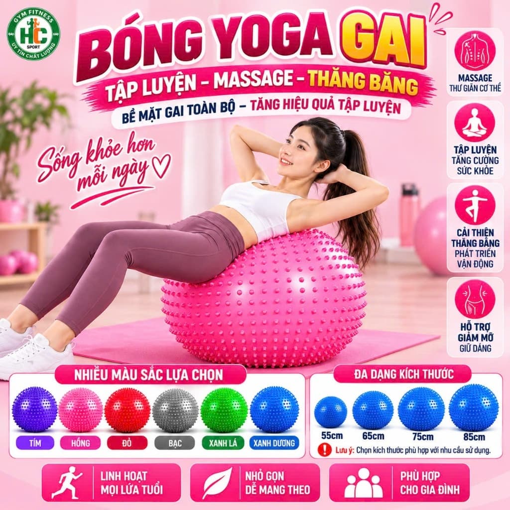 Bóng tập Yoga, Gym Gai Massage (Size 65 , 75 ,85cm) Tặng Kèm Bơm Chân Không( Bóng Gai)